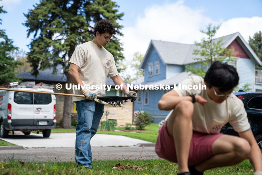 Dominik Kluthe of Delta Phi Fraternity clears away leaves from his rake after clearing up a homeowners front lawn during the Big Event. May 4, 2024. Photo by Kirk Rangel for University Communication.